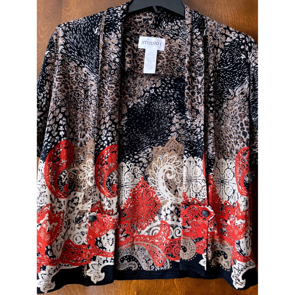 Studio I Women Mixed Animal Paisley Print Open Front Short Sleeve Cardigan Sz 12